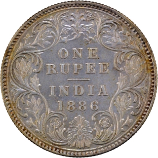 B Incused Sivler One Rupee Coin of Victoria Empress of Bombay Mint of 1886 with Ghost Impression.