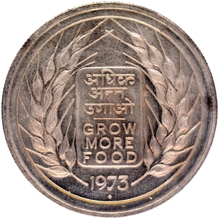 UNC Silver 10 Rupees Coin of  Grow More Food of Bombay Mint of 1973.