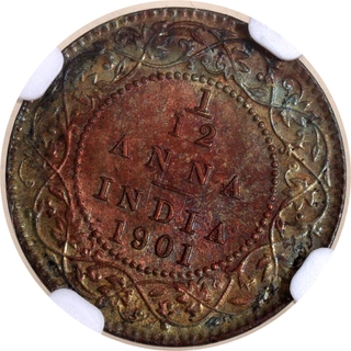 Scarce NGC MS 63 BN Graded Copper One Twelfth Anna Coin of Victoria Empress of Calcutta Mint of 1901.