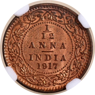 NGC MS 65 RB Graded Bronze One Twelfth Anna Coin of King George V of Calcutta Mint of 1917.