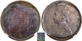 Extremely Rare Unlisted NGC UNC Graded Silver One Rupee Coin of Victoria Queen of Bombay Mint of 1862.