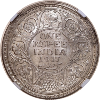 Scarce NGC MS 61 Graded Silver One Rupee Coin of King George V of Calcutta Mint of 1917.