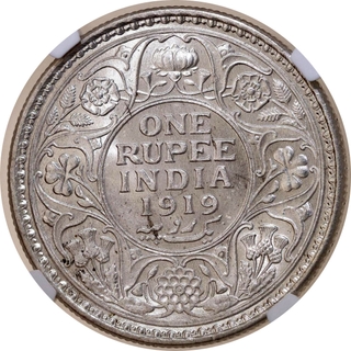 Scarce NGC MS 62 Graded Silver One Rupee Coin of King George V of Calcutta Mint of 1919.