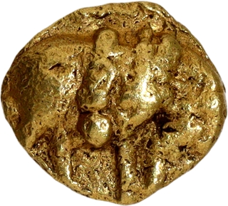 Extremely Rare Gold Fanam Coin of Chalukyas of Badami with Boar and Temple.