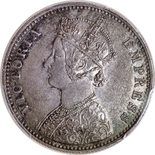 Alwar State, Mangal Singh, Silver Rupee 1891, Extra Leaf Variety, Victoria Empress, PCGS MS 62, Very Rare.