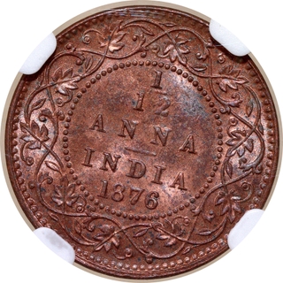 Rare NGC MS 63 RB Graded Copper One Twelfth Anna Coin of Victoria Queen of Calcutta Mint of 1876.