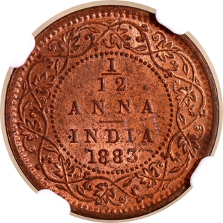 Rare NGC MS 63 RB Graded Copper One Twelfth Anna Coin of Victoria Empress of Bombay Mint of 1883.