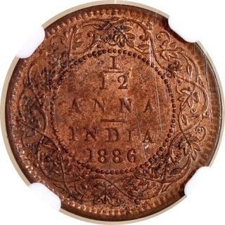 Rare NGC MS 62 RB Graded Copper One Twelfth Anna Coin of Victoria Empress of Bombay Mint of 1886.