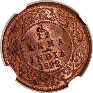 Rare NGC MS 63 RB Graded Copper One Twelfth Anna Coin of Victoria Empress of Calcutta Mint of 1892.