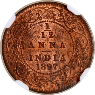 Rare NGC MS 63 RB Graded Copper One Twelfth Anna Coin of Victoria Empress of Calcutta Mint of 1897.