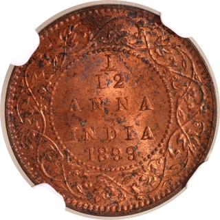 Scarce NGC MS 64 RB Graded Copper One Twelfth Anna Coin of Victoria Empress of Calcutta Mint of 1899.