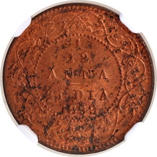 Scarce NGC MS 64 RB Graded Copper One Twelfth Anna Coin of Victoria Empress of Calcutta Mint of 1899.