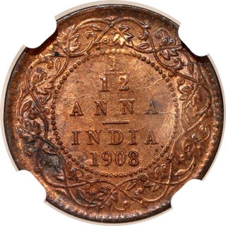 Scarce NGC MS 62 RB Graded Bronze One Twelfth Anna Coin of King Edward VII of Calcutta Mint of 1908.
