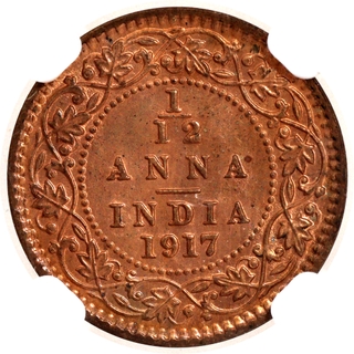 Rare NGC MS 65 RB Graded Bronze One Twelfth Anna Coin of King George V of Calcutta Mint of 1917.