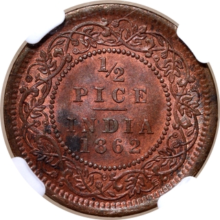 Very Rare NGC MS 63 BN Graded Copper Half Pice Coin of Victoria Queen of Calcutta Mint of 1862.