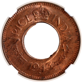 Rare NGC MS 65 RB Graded Bronze One Pice Coin of King George VI of Bombay Mint of 1943.