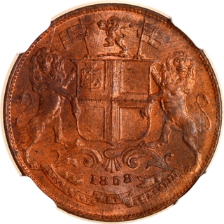Rare NGC MS 64 RB Graded Copper One Quarter Anna Coin of East India Company of Birmingham Mint of 1858.