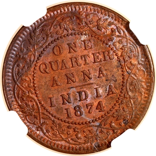 Rare NGC MS 62 BN Graded Copper One Quarter Anna Coin of Victoria Queen of Calcutta Mint of 1874.