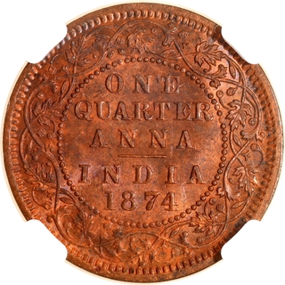 Rare NGC MS 63 RB Graded Copper One Quarter Anna Coin of Victoria Queen of Calcutta Mint of 1874.