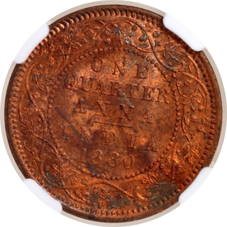 Scarce Year NGC MS 63 RB Graded Copper One Quarter Anna Coin of Victoria Empress of Calcutta Mint of 1880.