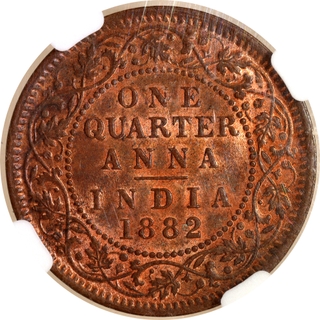 Rare NGC MS 63 RB Graded Copper One Quarter Anna Coin of Victoria Empress of Calcutta Mint of 1882.