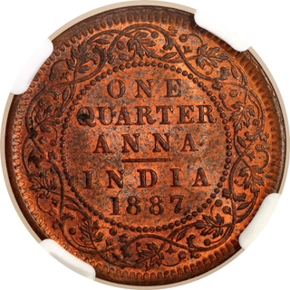Scarce NGC MS 62 RB Graded Copper One Quarter Anna Coin of Victoria Empress of Calcutta Mint of 1887.