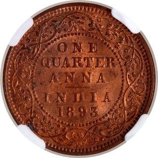 Rare NGC MS 64 RB Copper One Quarter Anna Coin of Victoria Empress of Calcutta Mint of 1893.