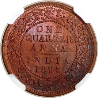 Scarce NGC MS 64 RB Graded Copper One Quarter Anna Coin of Victoria Empress of Calcutta Mint of 1893.