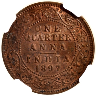 Rare NGC MS 63 BN Graded Copper One Quarter Anna Coin of Victoria Empress of Calcutta Mint of 1897.