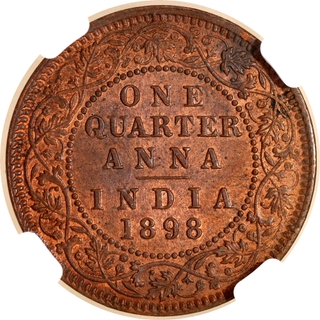 Very Rare NGC MS 63 BN Graded Copper One Quarter Anna Coin of Calcutta Mint of 1898.