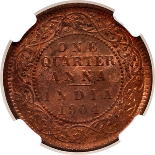 Scarce NGC MS 64 RB Graded Copper One Quarter Anna Coin of King Edward VII of Calcutta Mint of 1904.