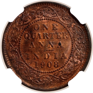 Scarce NGC MS 64 RB Graded Bronze One Quarter Anna Coin of King Edward VII of Calcutta Mint of 1908.