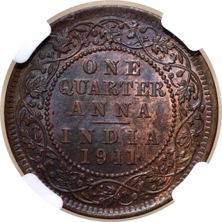 Key Date NGC MS 63 RB Graded Bronze One Quarter Anna Coin of King George V of Calcutta Mint of 1911.