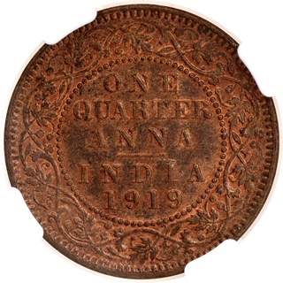 Scarce NGC MS 64 RB Graded Bronze One Quarter Anna Coin of King George V of Calcutta Mint of 1919.
