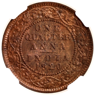 Scarce NGC MS 64 RB Graded Bronze One Quarter Anna Coin of King George V of Calcutta Mint of 1920.