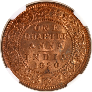 Rare NGC MS 65 RB Graded Bronze One Quarter Anna Coin of King George V of Calcutta Mint of 1920.