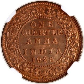 Rare NGC MS 65 RD Graded Bronze One Quarter Anna Coin of Bombay Mint of King George V of 1926.