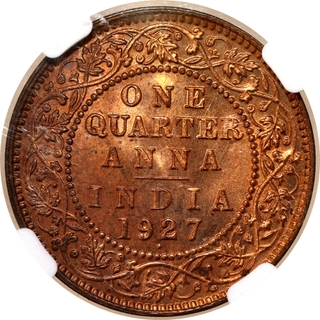 Rare NGC MS 65 RB Graded Bronze One Quarter Anna Coin of King George V of Bombay Mint of 1927.