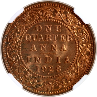 Rare NGC MS 65 RD Graded Bronze One Quarter Anna Coin of King George V of Bombay Mint of 1928.