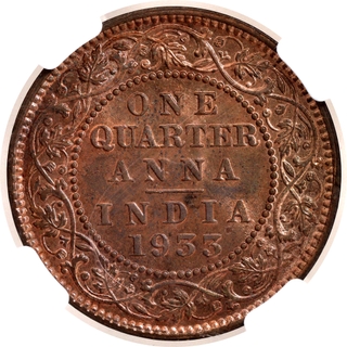 Scarce NGC MS 64 RB Graded Bronze One Quarter Anna Coin of King George V of Calcutta Mint of 1933.