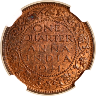 Rare type of Bombay Mint of NGC MS 63 RB Graded Bronze One Quarter Anna Coin of King George VI of 1941.