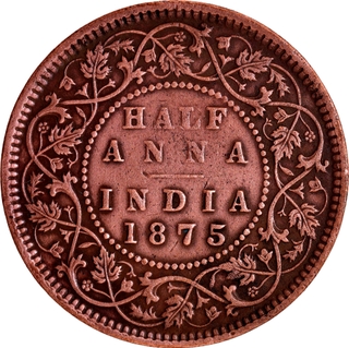Extremely Rare Copper Half Anna Coin of Victoria Queen of Calcutta Mint of 1875.