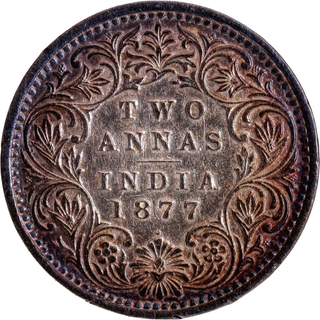 Rare Silver Two Annas Coin of Victoria Empress of Bombay Mint of 1877.