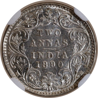 Rare NGC MS 62 Graded Silver Two Annas Coin of Victoria Empress of Bombay Mint of 1890.