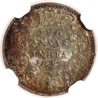 Very Rare NGC MS 64 Graded Silver Two Annas Coin of Victoria Empress of Bombay Mint of 1897.