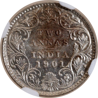 Very Rare NGC MS 64 Graded Silver Two Annas Coin of Victoria Empress of Calcutta Mint of 1901.