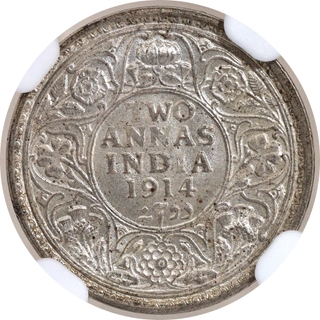 Scarce NGC MS 64 Graded Silver Two Annas Coin of King George V of Calcutta Mint of 1914.