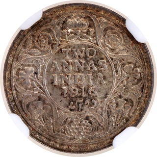Scarce NGC MS 64 Graded Silver Two Annas Coin of King George V of Calcutta Mint of 1916.