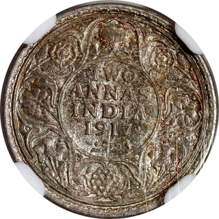 Rare NGC MS 65 Graded Silver Two Annas Coin of King George V of Calcutta Mint of 1917.