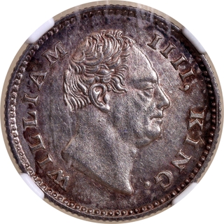 Very Rare NGC MS 61 Graded Silver Quarter Rupee F Raised Coin of King William IIII of Calcutta Mint of 1835.